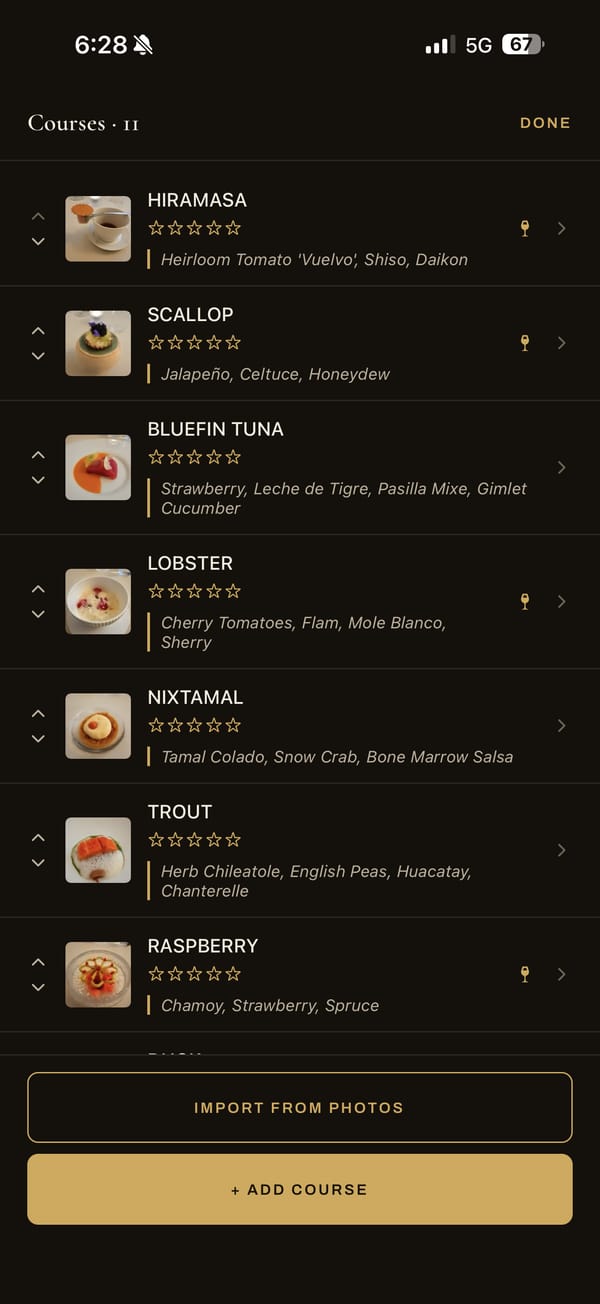 A course list with photos, star ratings and descriptions for each dish