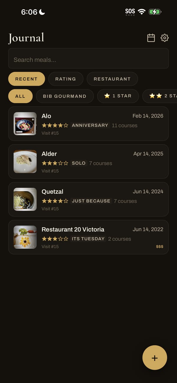 The Journal: a list of past tasting menus with ratings, occasions and course counts