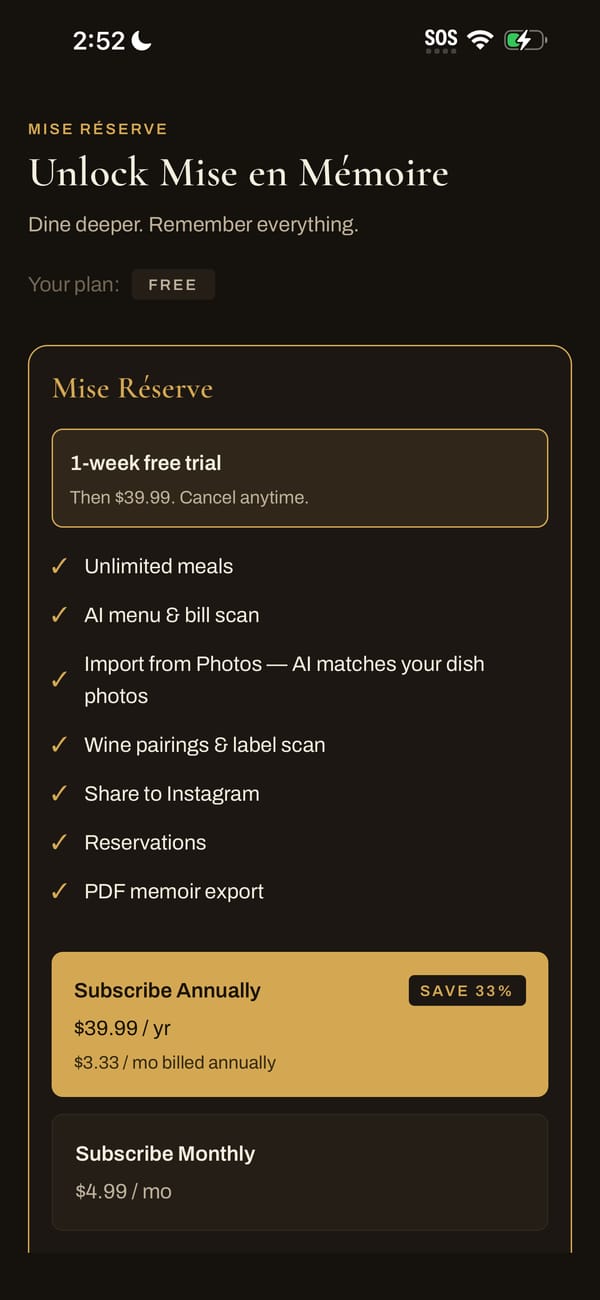 The Mise Réserve screen with the feature list, annual and monthly plans and a free trial