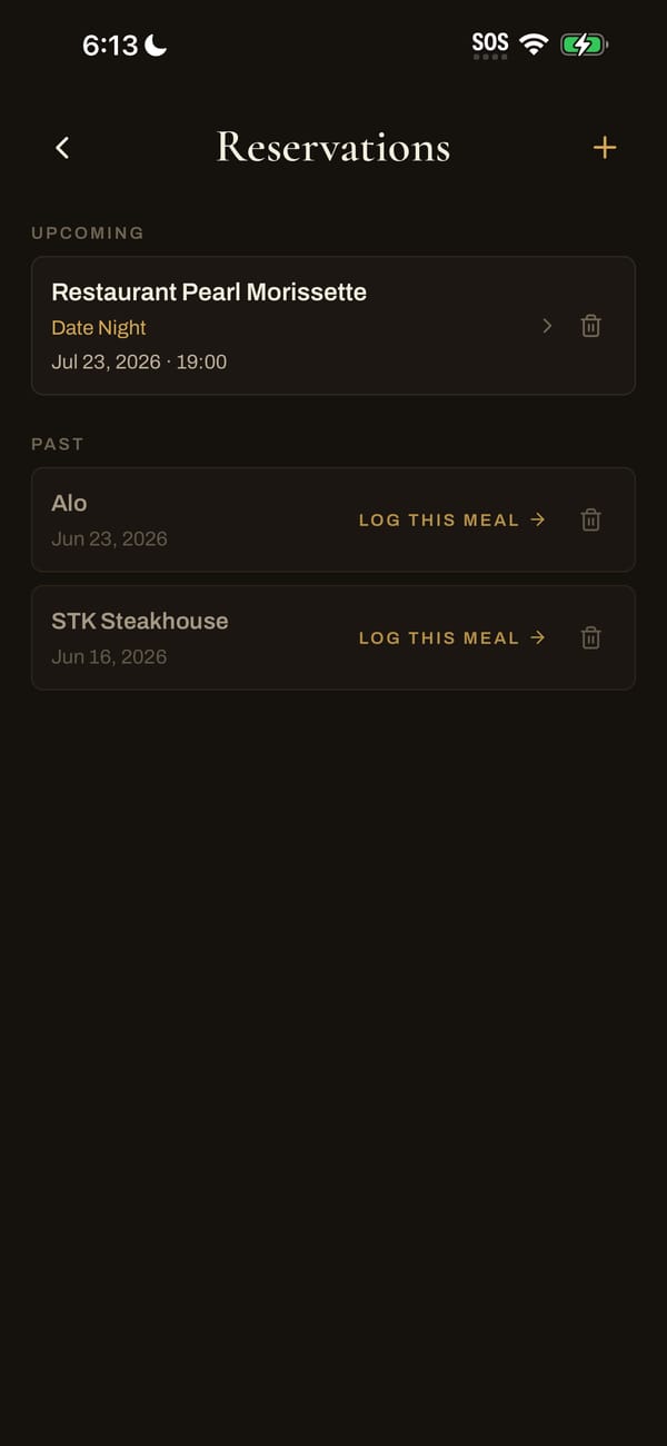 The Reservations screen with an upcoming dinner and past reservations ready to log