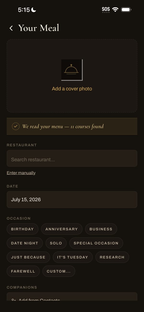 Your Meal screen after a scan: 11 courses found, restaurant, date and occasion